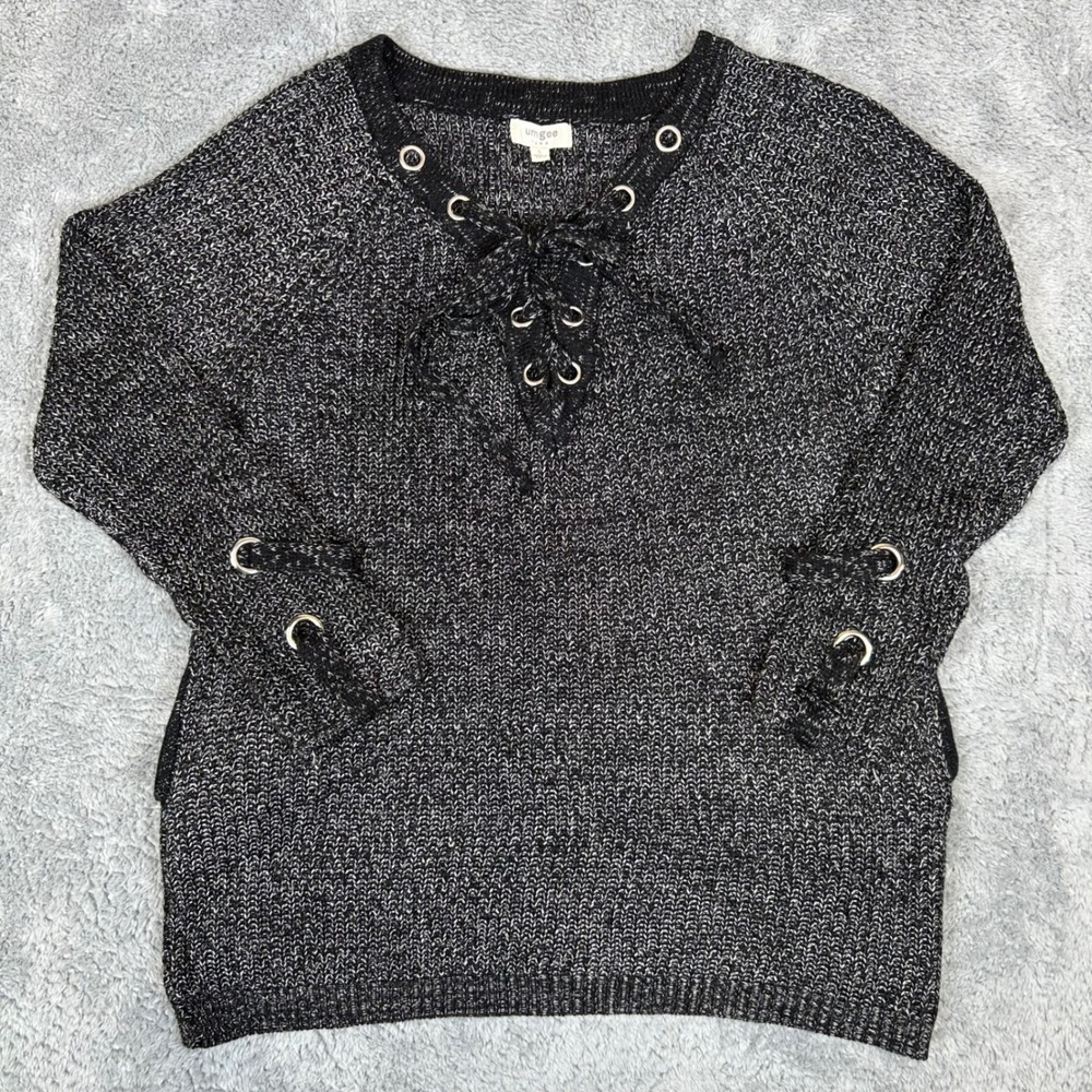 Umgee USA Womens Black Marled Lace Up Grommet Knit Sweater A3306 Large